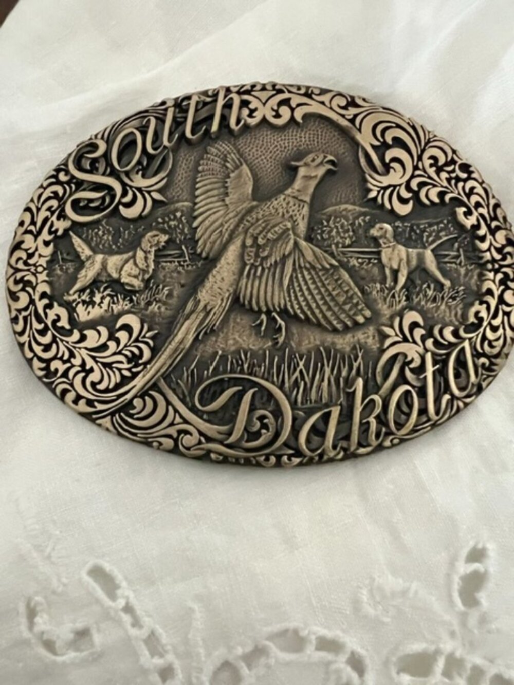 VTG Solid Brass South Dakota Pheasant Belt Buckle Bird Dogs Hunting
